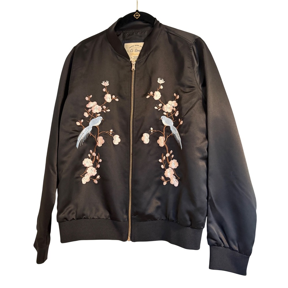 Ci Sono Original Black Satin Embroidered Bird Floral Bomber Jacket SNJK01 Medium